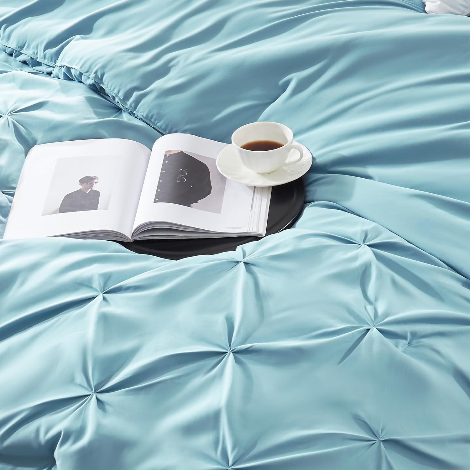 Fluffy Comforter Set, KING 7 Pieces Pinch Pleat Design Bedding Set, Down Alternative Comforter with 2 Pillow Shams, 2 Pillowcases, 1 Flat Sheet, 1 Fitted Sheet (Stone Blue Pinch Pleat, KING)